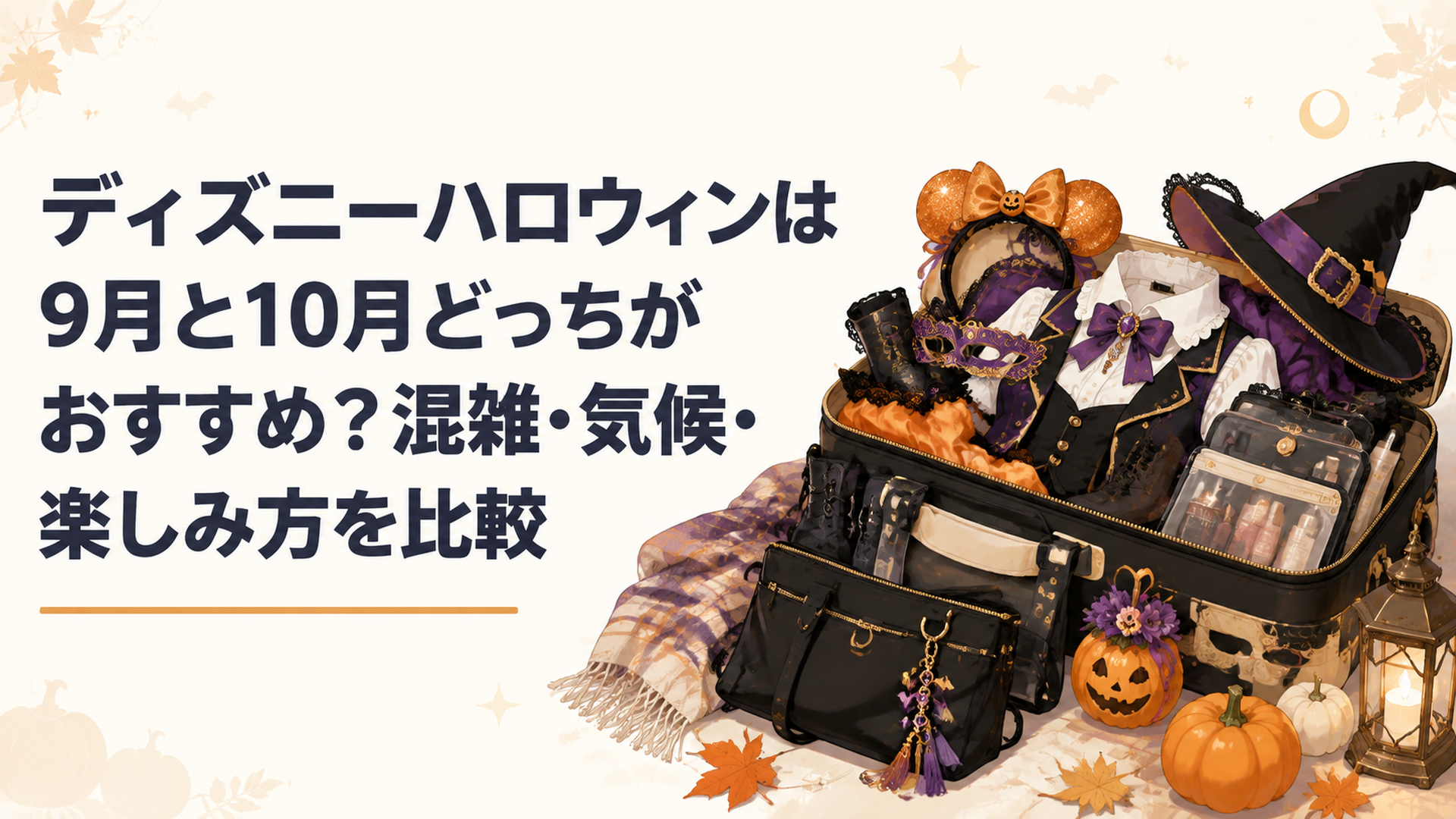 秋色の東京ディズニーリゾートでハロウィーン装飾と夜の光が広がるパーク風景