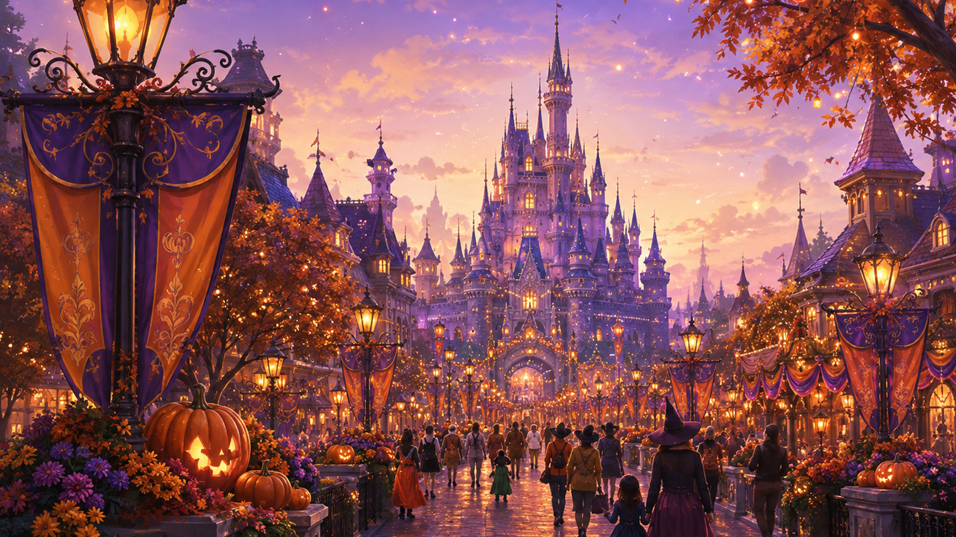 秋の東京ディズニーランドで子どもと家族がハロウィンの雰囲気を楽しむイメージ