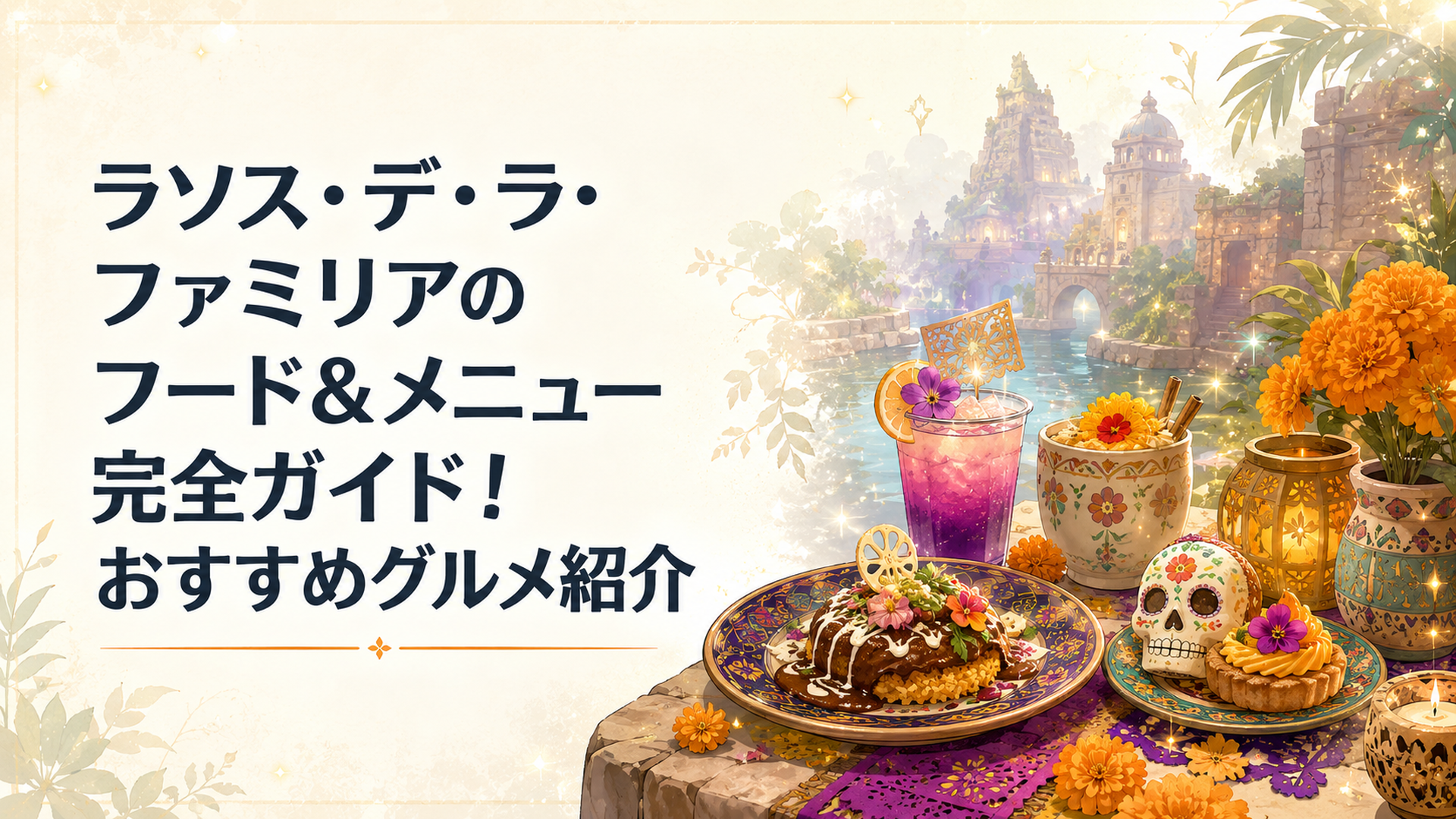 マリーゴールドが咲き誇るロストリバーデルタで、ディア・デ・ロス・ムエルトス風のスペシャルフードとドリンクを楽しむ様子