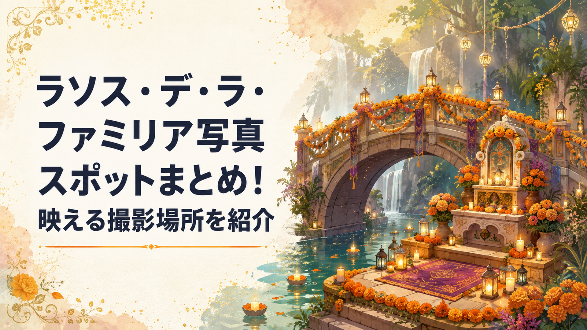 マリーゴールドの花で彩られたロストリバーデルタの橋と祭壇のデコレーション
