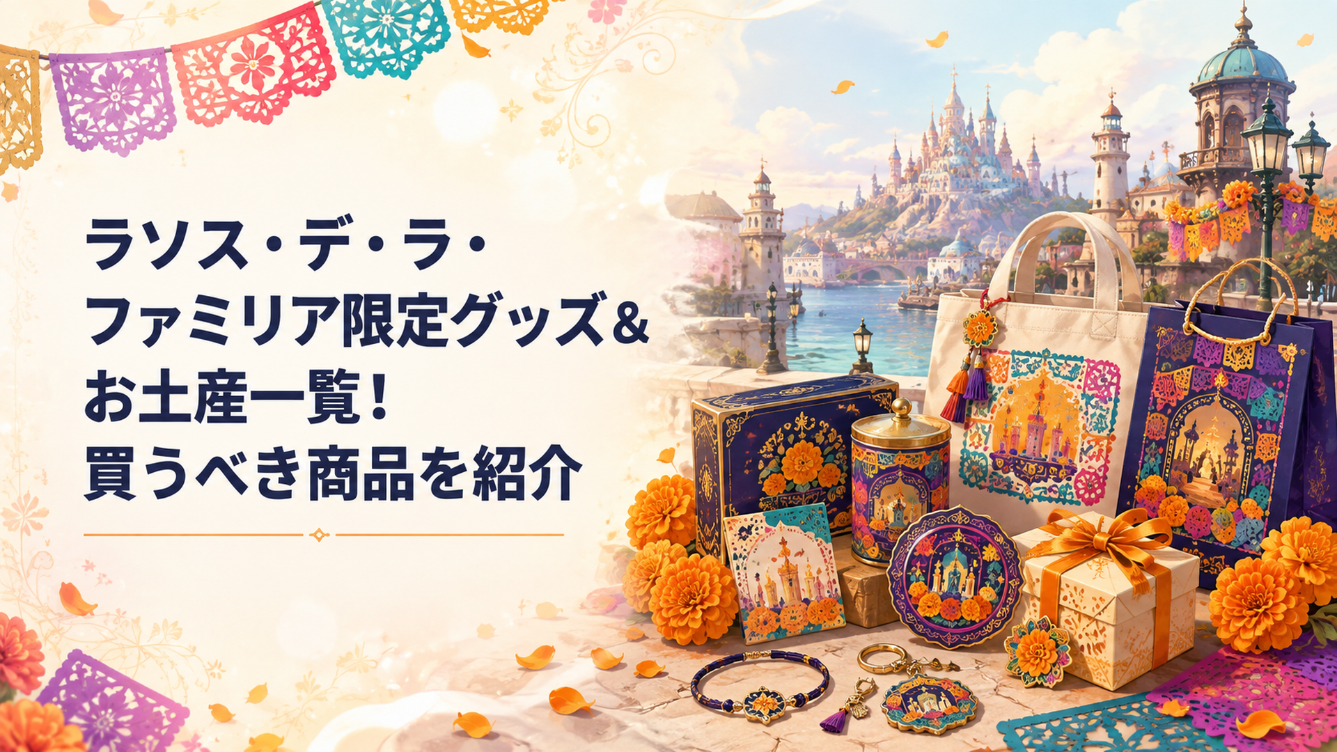 マリーゴールドとパペルピカドで彩られたラソス・デ・ラ・ファミリアのグッズと東京ディズニーシーの風景