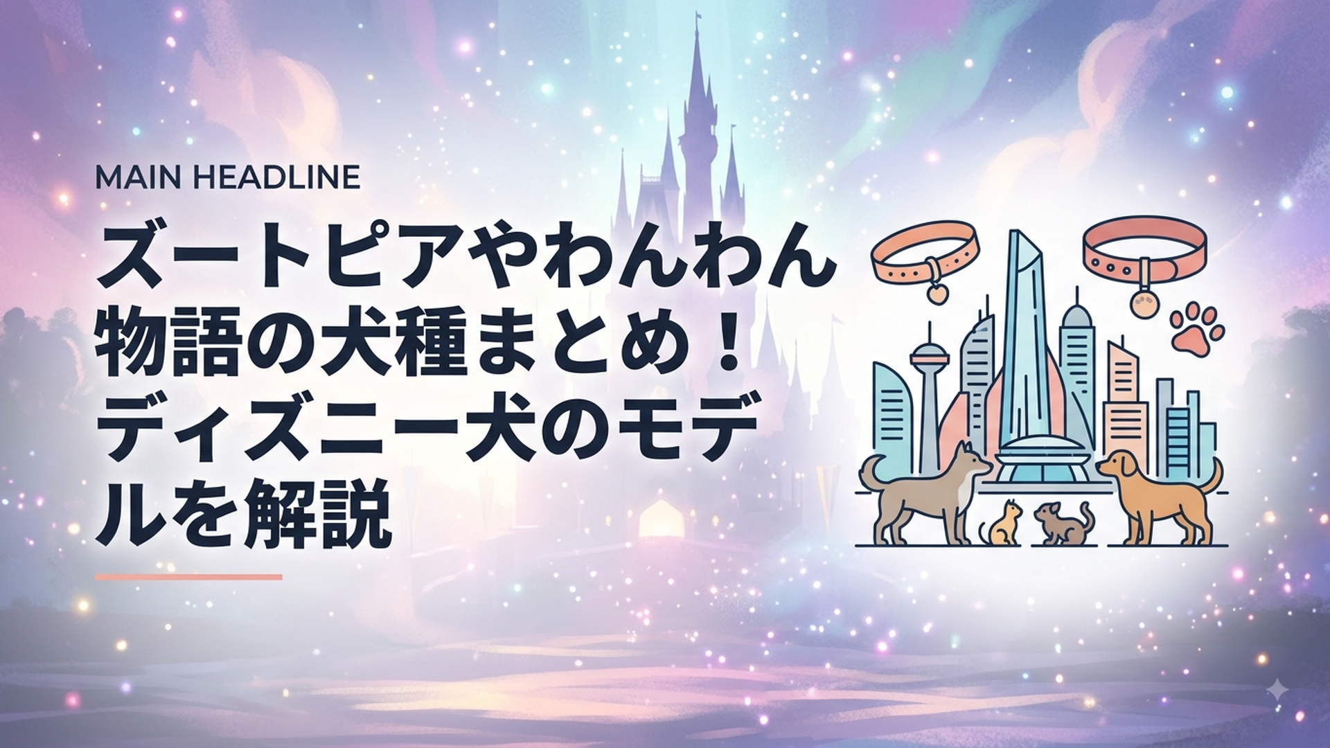 さまざまな哺乳類が暮らす近未来都市と犬の首輪や足跡を対比させた幻想的なシーン