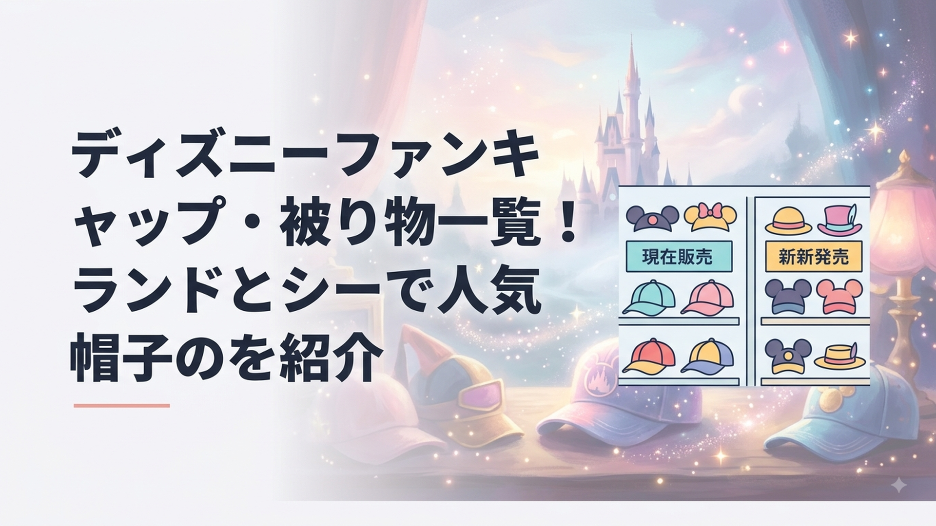 ファンキャップと帽子型のテーマパーク用被り物を販売中と新作に分けて並べた華やかな売り場