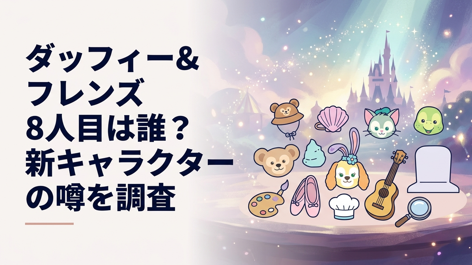 ダッフィー＆フレンズ7人をイメージしたパステルカラーの7つの小物と、まだ正体の分からない8人目を表す空席