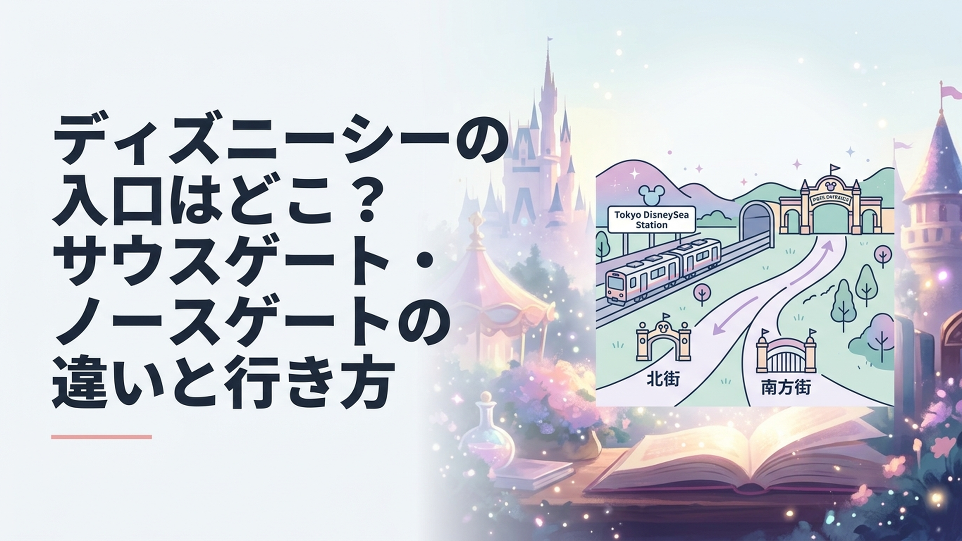 東京ディズニーシー・ステーションとパーク入口を背景に、ノースとサウスの2方向を分かりやすく示した朝の風景