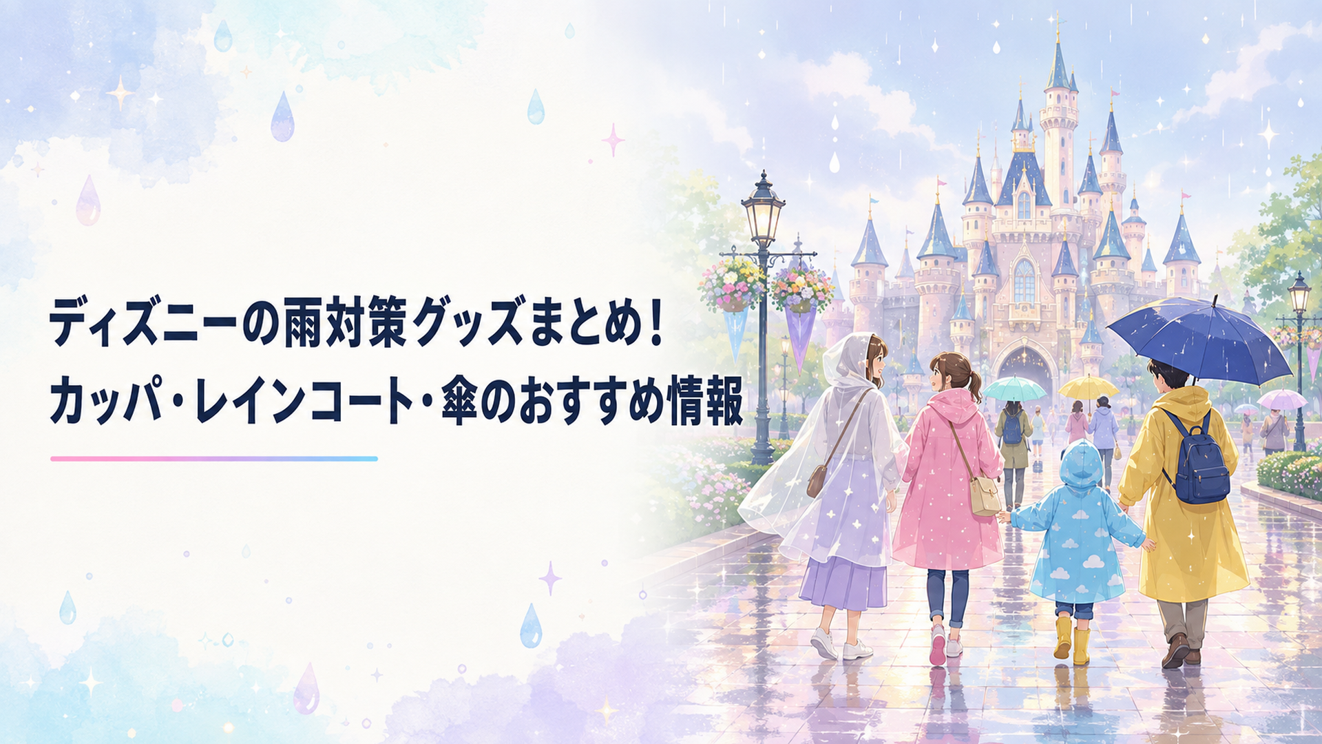 雨の東京ディズニーリゾートでカッパとレイングッズを手にした来園者たちのシーン