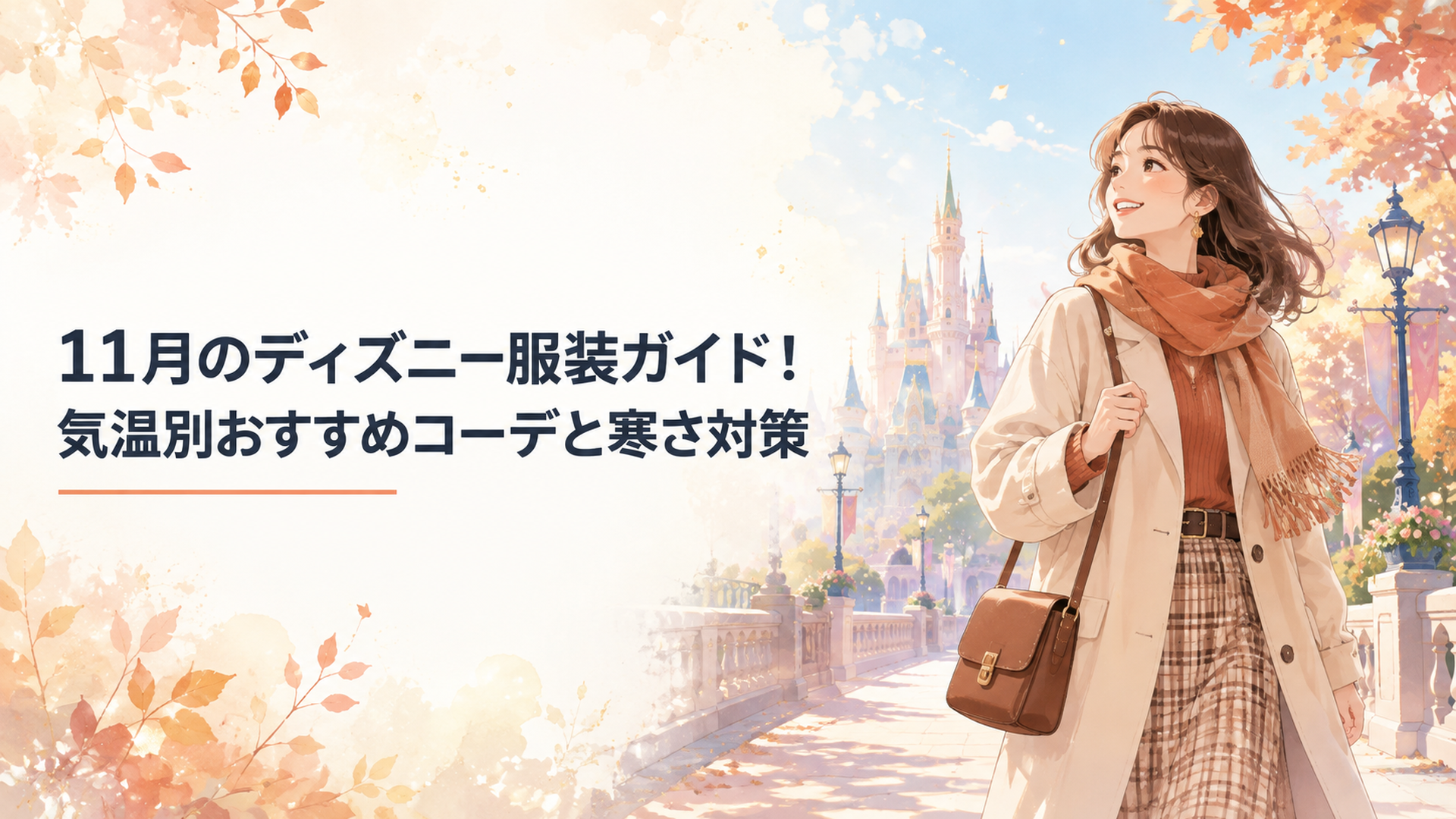 秋色のコーディネートでディズニーパークを楽しむ女性、朝の柔らかい光の中