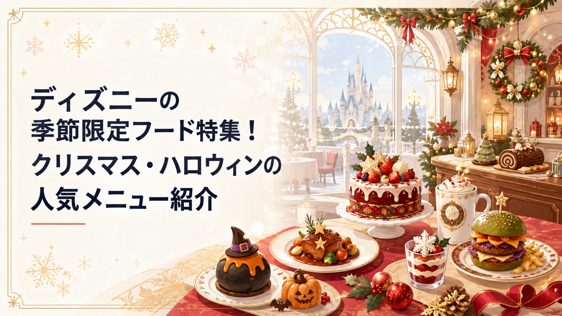 クリスマス装飾されたディズニーランドのレストランに並ぶスペシャルメニューの数々