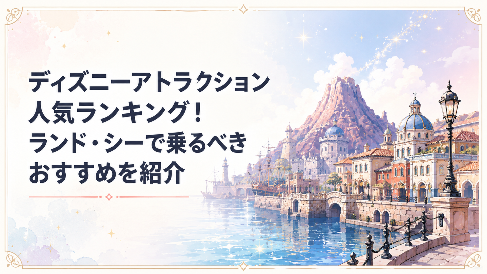 東京ディズニーシーのメディテレーニアンハーバーを背景に人気アトラクションのシルエットが並ぶ様子