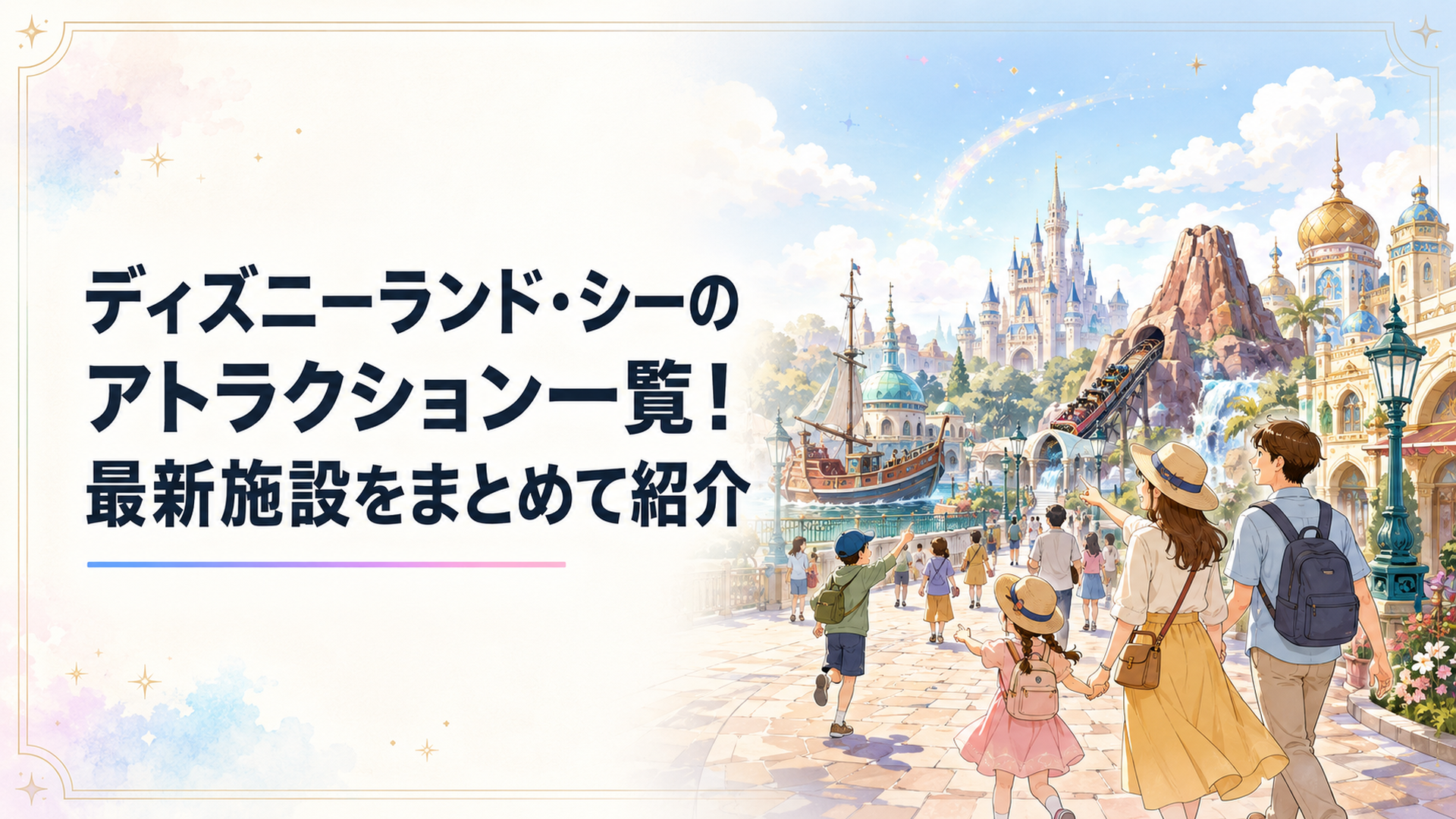 ディズニーランドの各エリアを回遊しながらアトラクションを楽しむゲストのイラスト