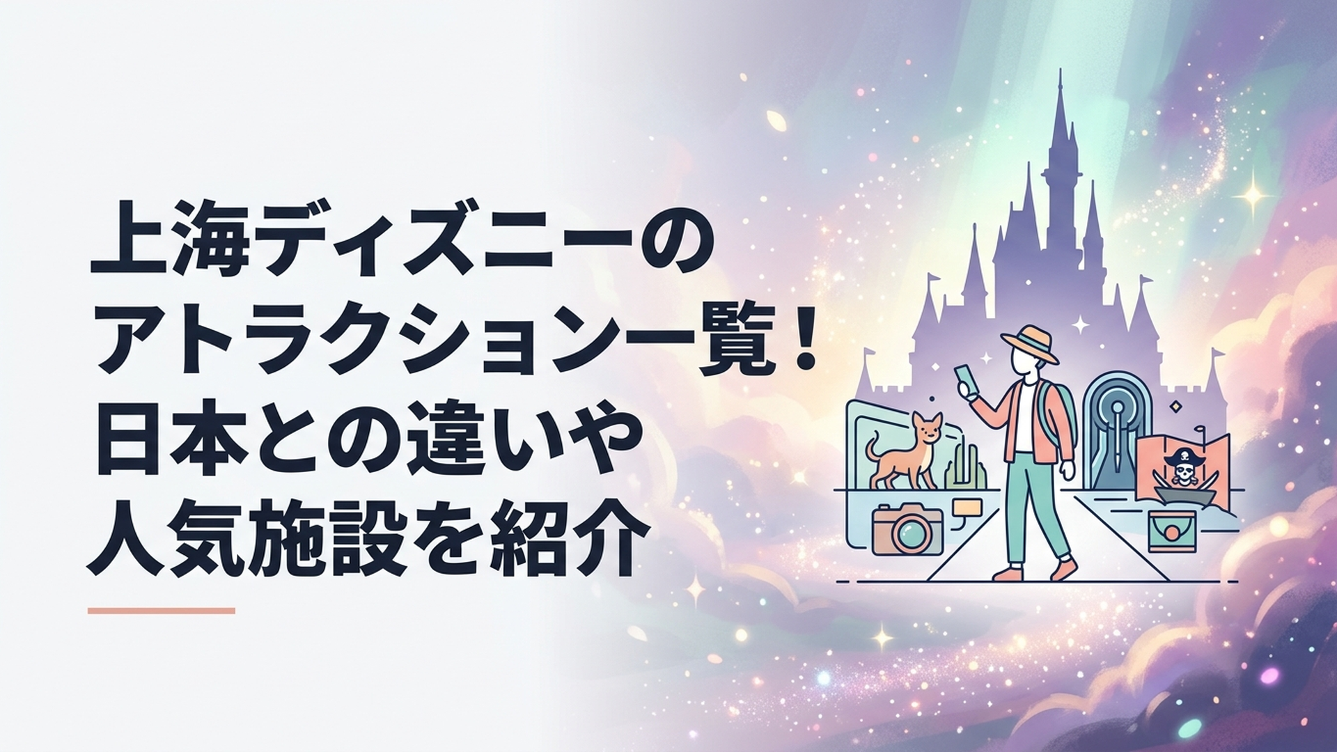 上海ディズニーランドの城を背景にズートピアやトロンや海賊エリアを巡る旅行者のイメージ