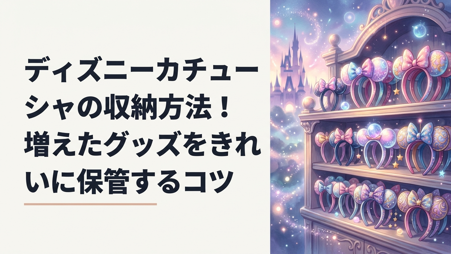棚にずらりと並んだカラフルなディズニーカチューシャの見せる収納