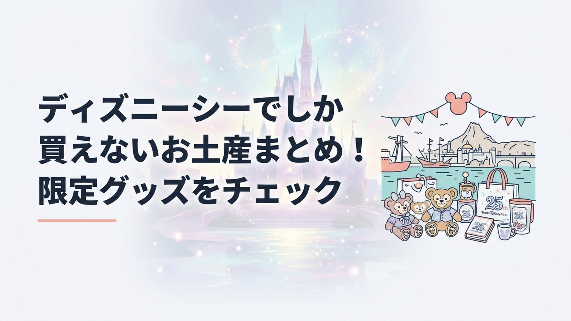 東京ディズニーシーの港を背景にダッフィーのぬいぐるみや25周年記念グッズなど限定感のあるお土産が並ぶ華やかなシーン