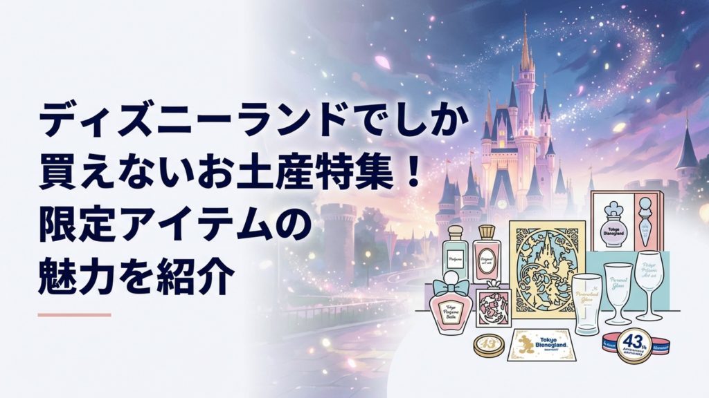 シンデレラ城を背景にオリジナル香水や切り絵、名入れガラス、43周年記念グッズが並ぶ東京ディズニーランドのお土産シーン