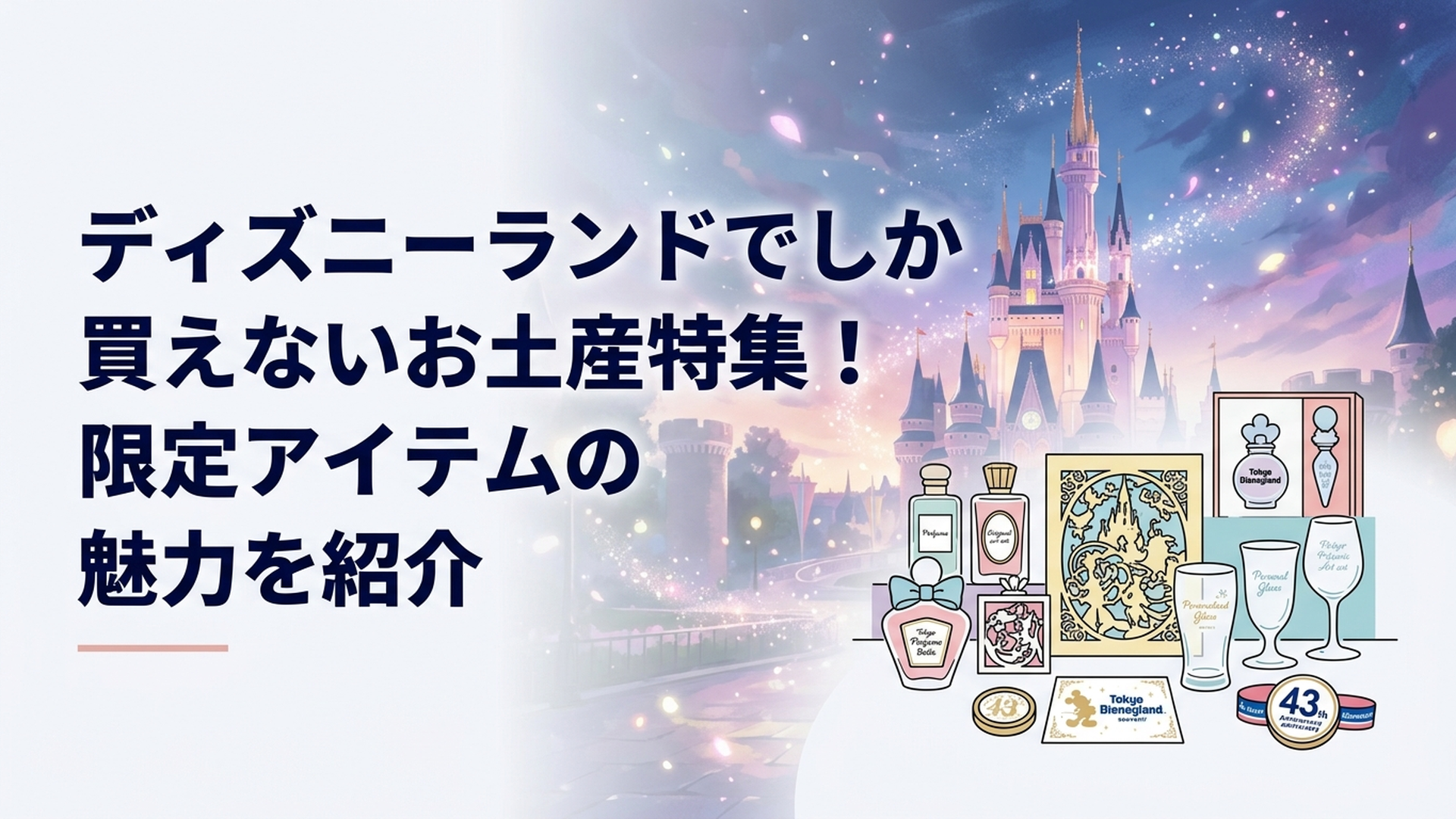 シンデレラ城を背景にオリジナル香水や切り絵、名入れガラス、43周年記念グッズが並ぶ東京ディズニーランドのお土産シーン