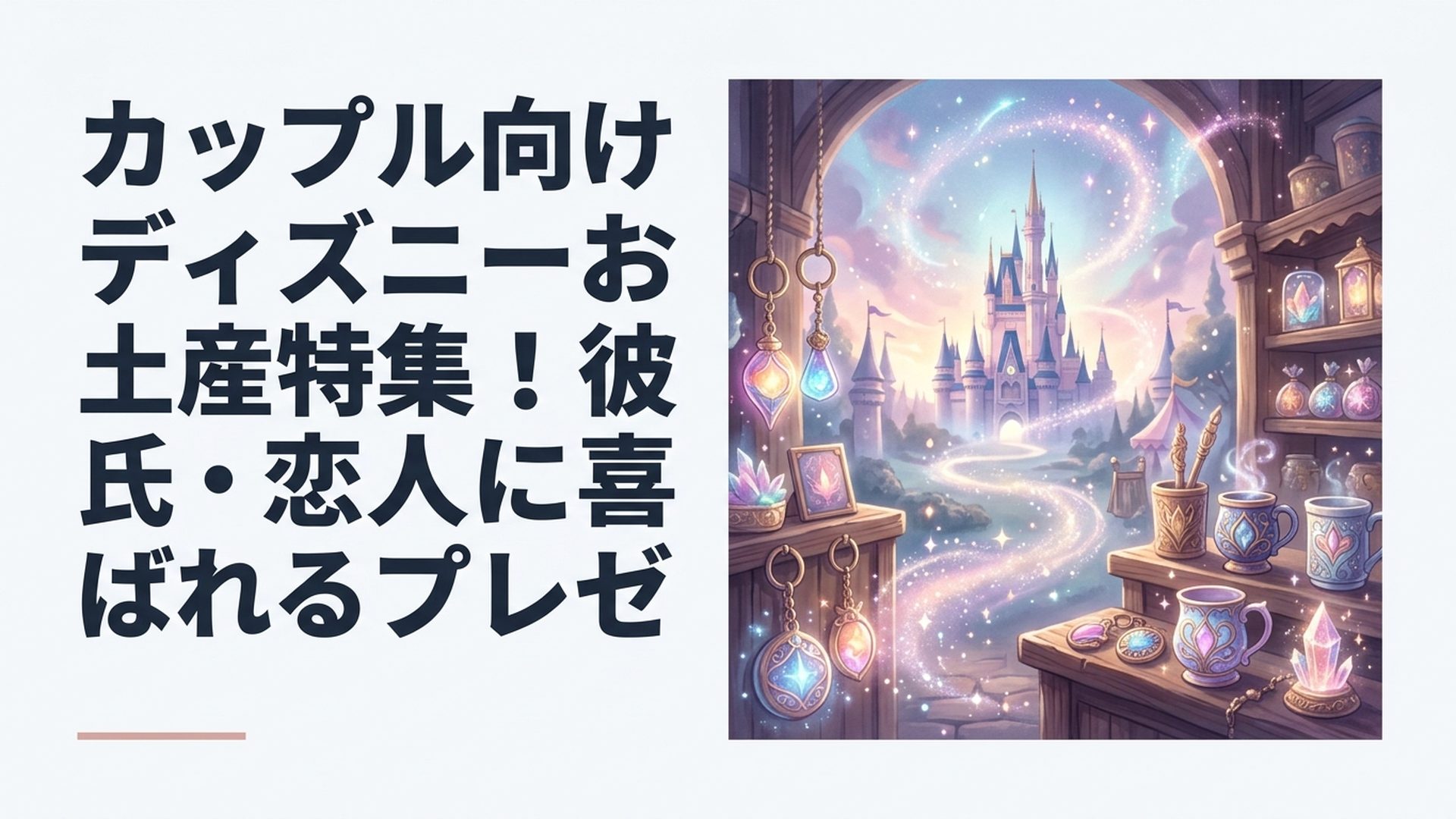 ディズニーのお土産ショップでキーチェーンやマグカップを見比べながら彼氏へのプレゼントを選ぶ若い女性