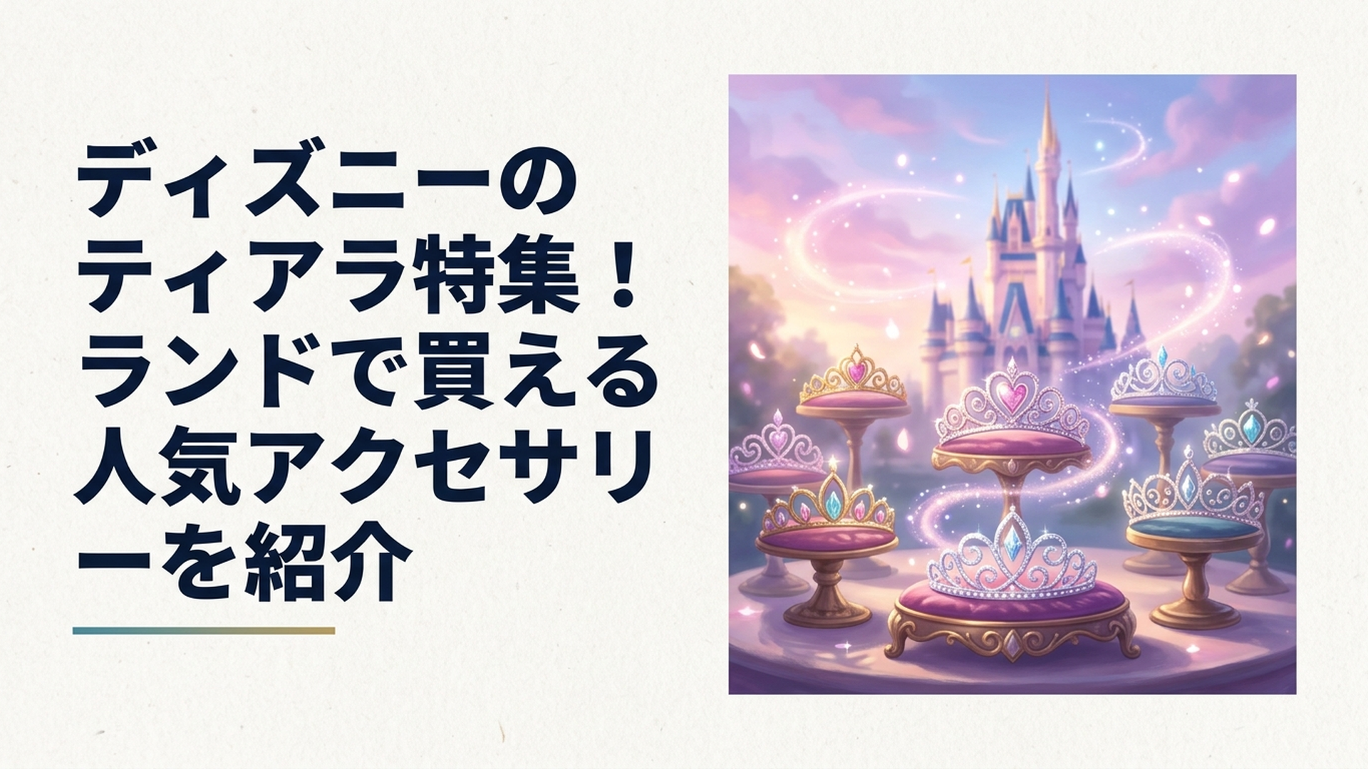 シンデレラ城を背景にカスタマイズティアラとプリンセスモチーフのティアラが華やかに並ぶシーン