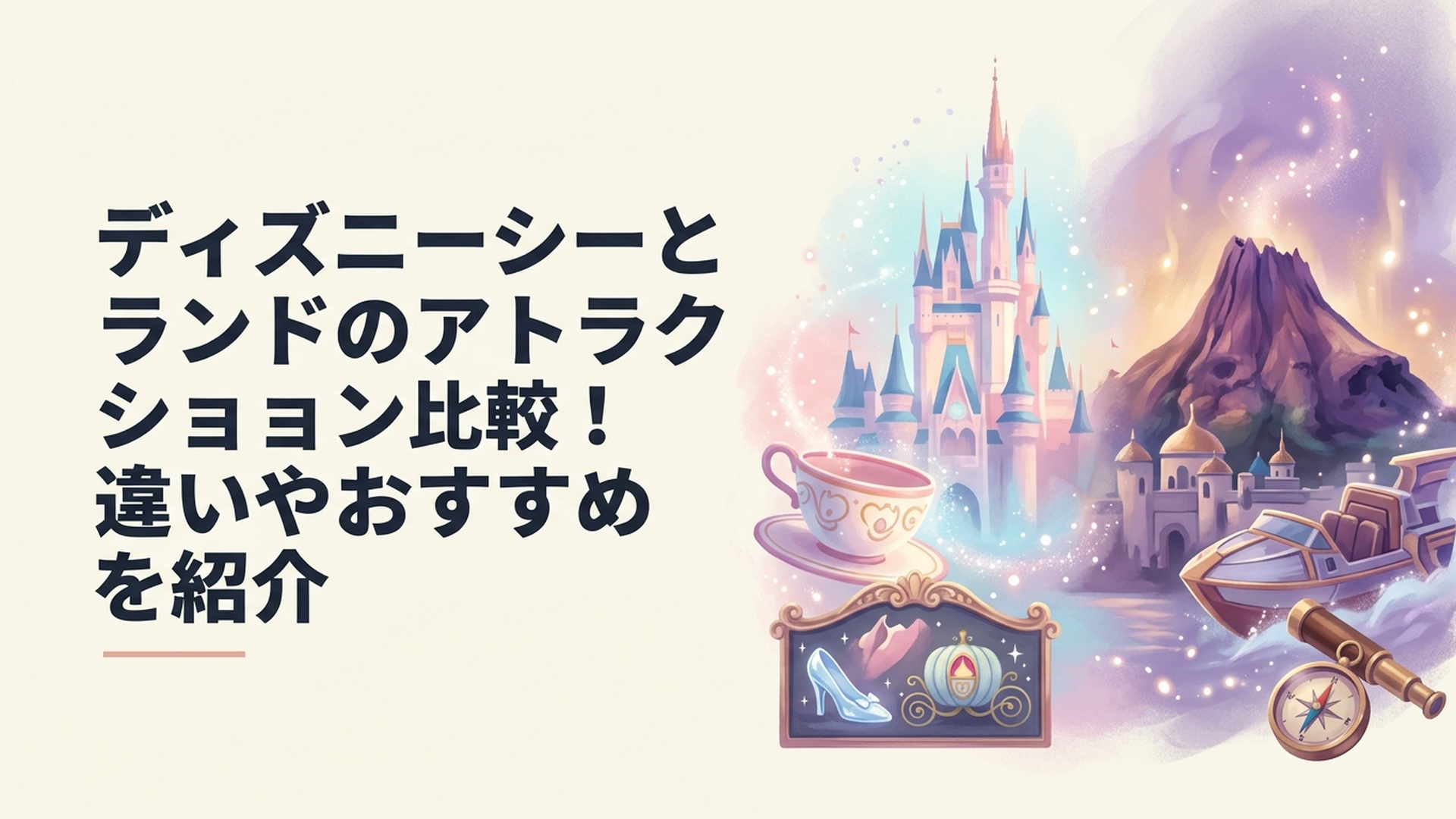 東京ディズニーシーと東京ディズニーランドの人気アトラクションを左右で比較しながら休日の行き先を選ぶイメージ