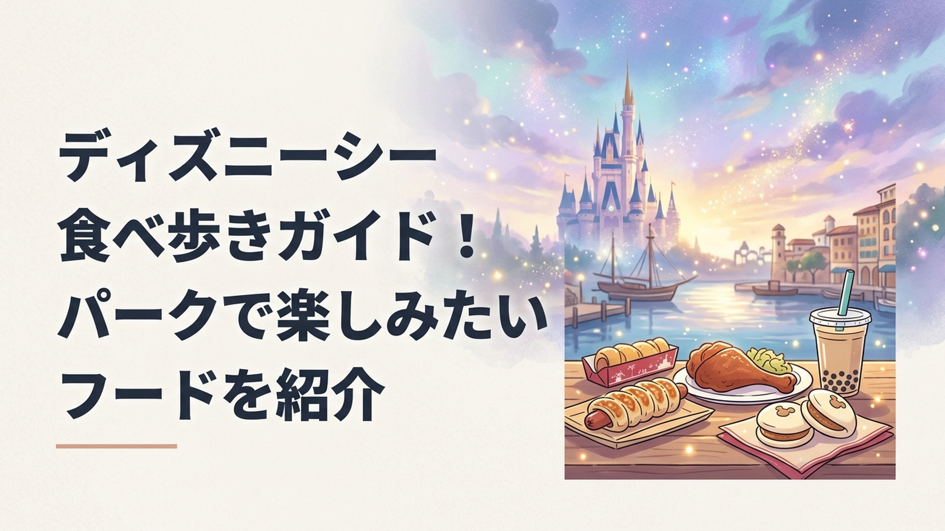 東京ディズニーシーの港を背景に食べ歩きフードを楽しむゲストのイメージ
