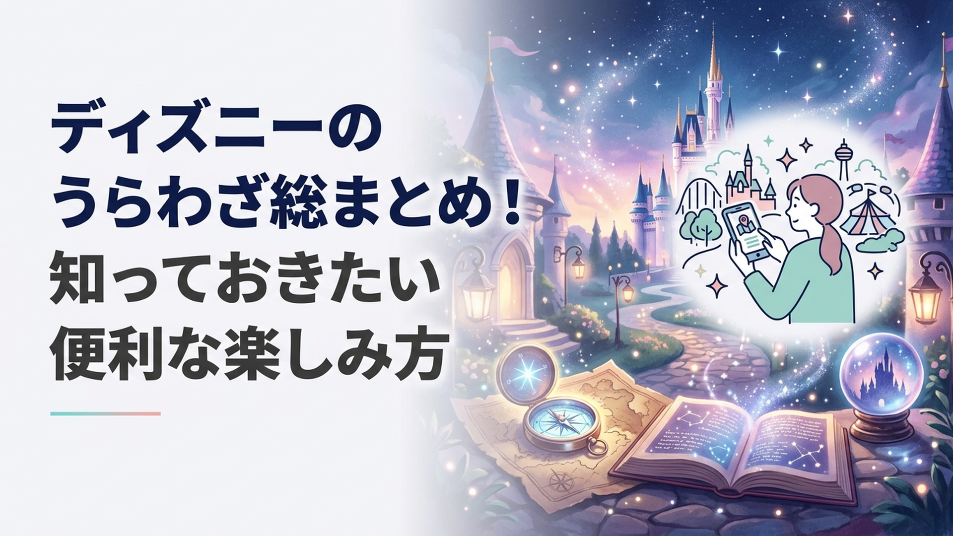 東京ディズニーリゾートでスマートフォンを見ながら効率よく楽しむゲストとパーク風景