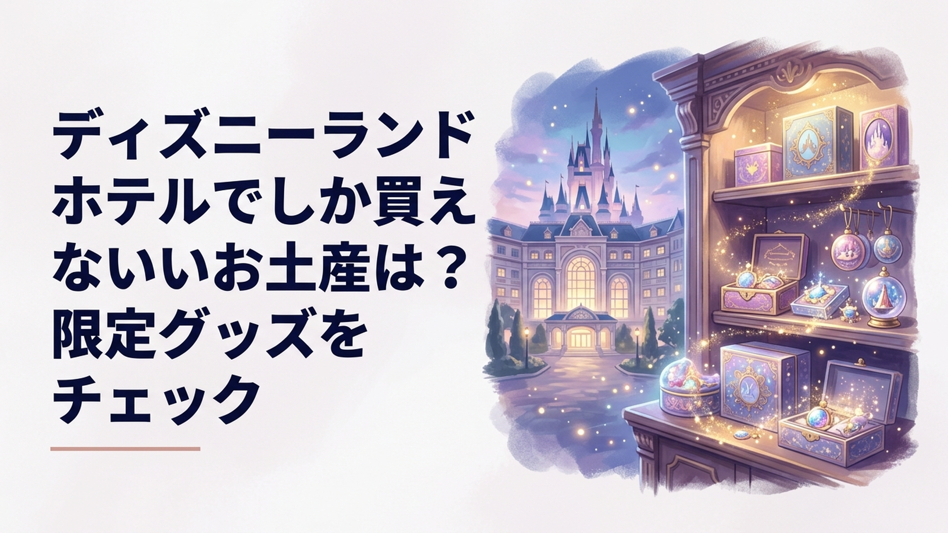 東京ディズニーランドホテルの外観とディズニー・マーカンタイルに並ぶ限定グッズのイメージ