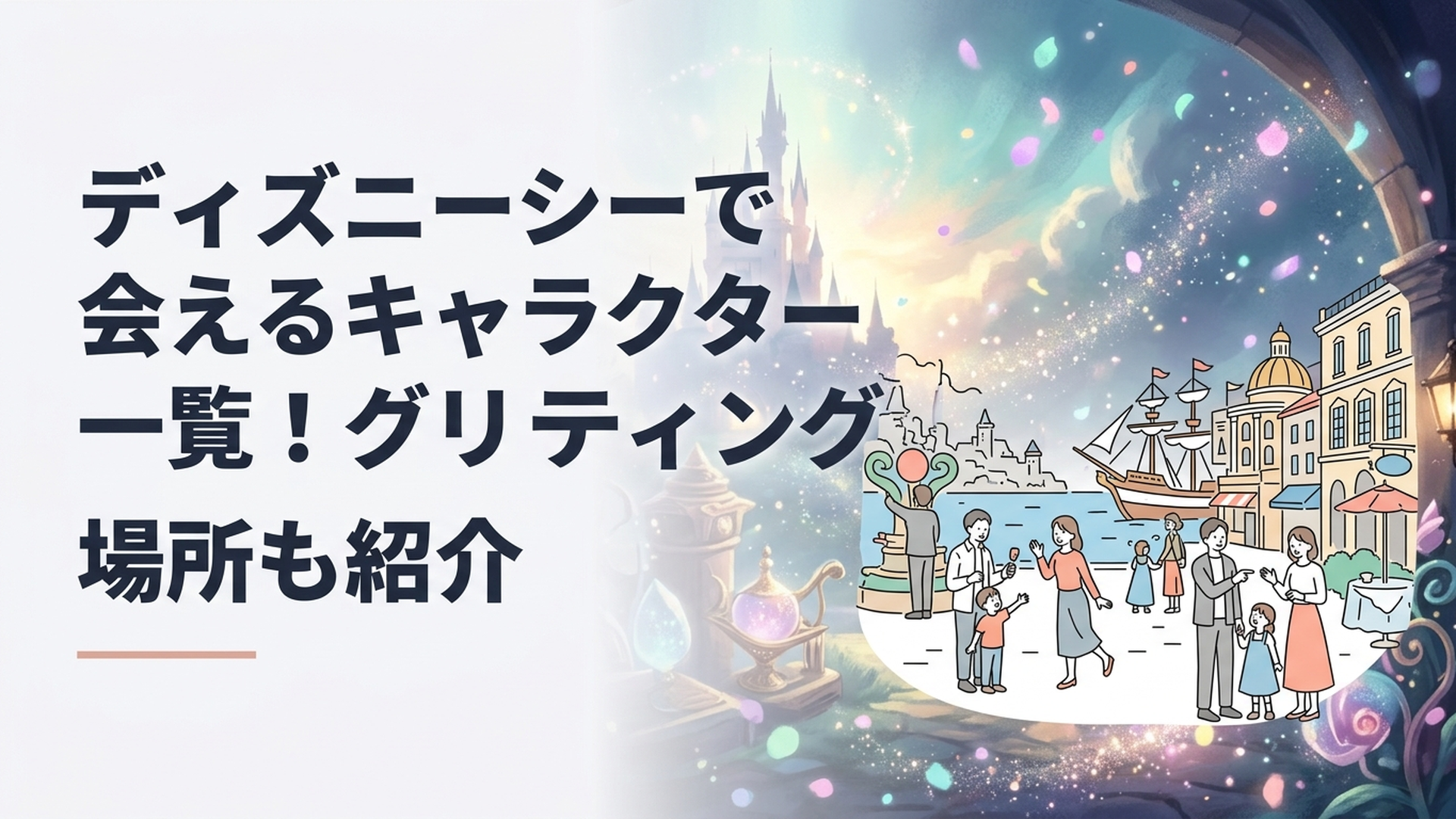東京ディズニーシーの港町を背景にキャラクターグリーティングを楽しむゲスト