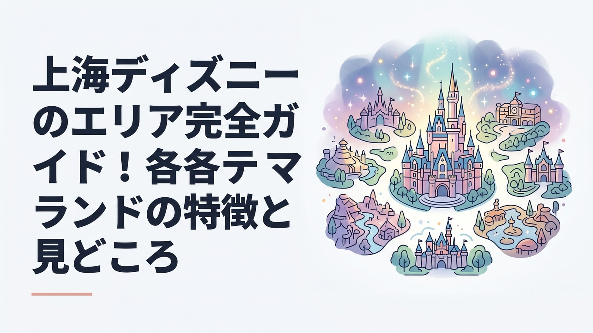 上海ディズニーランド中央のエンチャンテッド・ストーリーブック・キャッスルと周囲の8テーマランドを見渡す風景