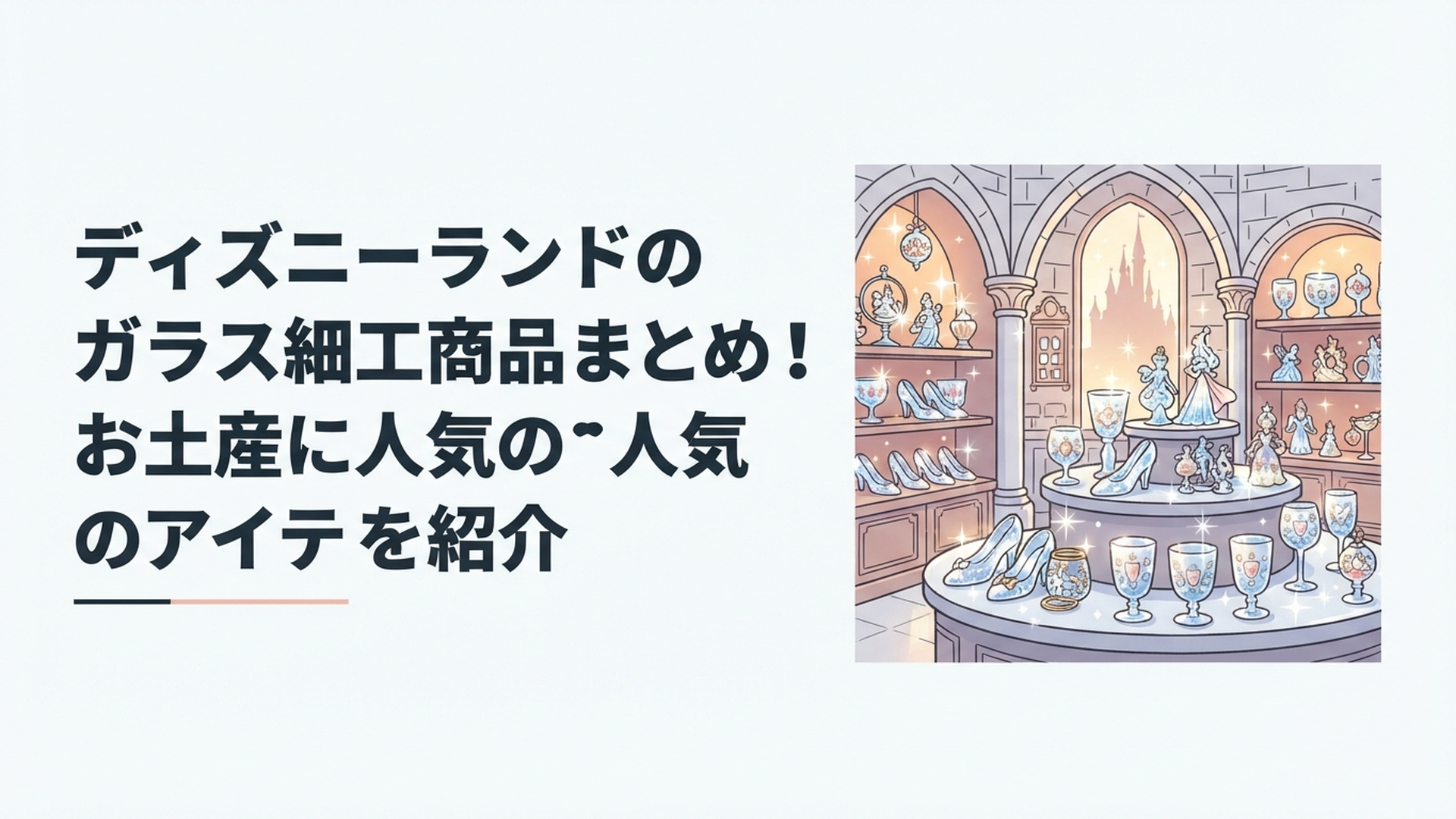 シンデレラ城のガラスショップにガラスの靴やグラス、きらめくガラス工芸品が並ぶ華やかな店内