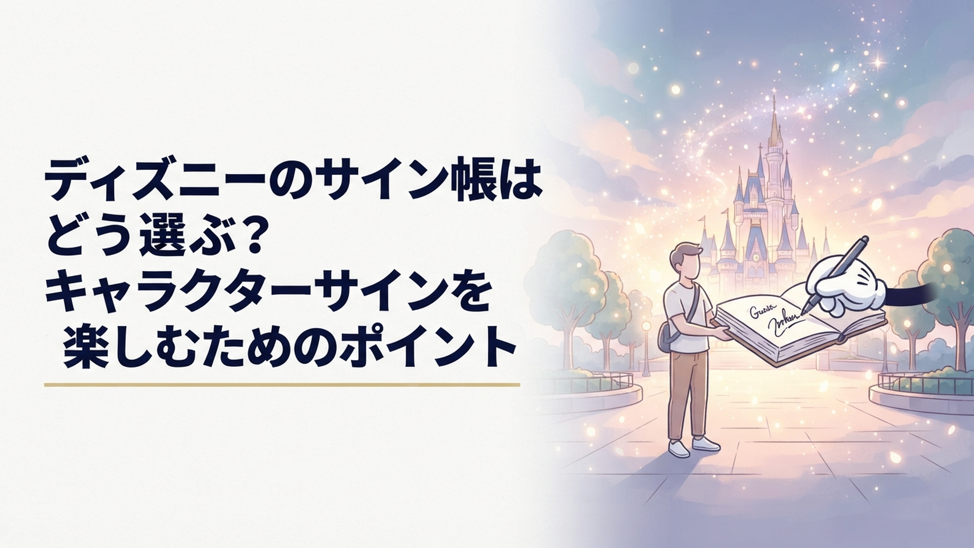 東京ディズニーリゾートのパークでキャラクターからサインをもらう様子、厚みのあるサイン帳とペンを持つ来園者