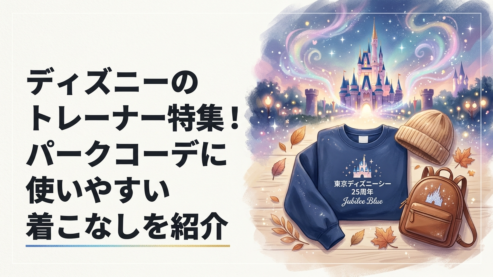 東京ディズニーシー25周年ジュビリーブルーのトレーナーを着たゲストがパークを楽しむ秋冬コーデ
