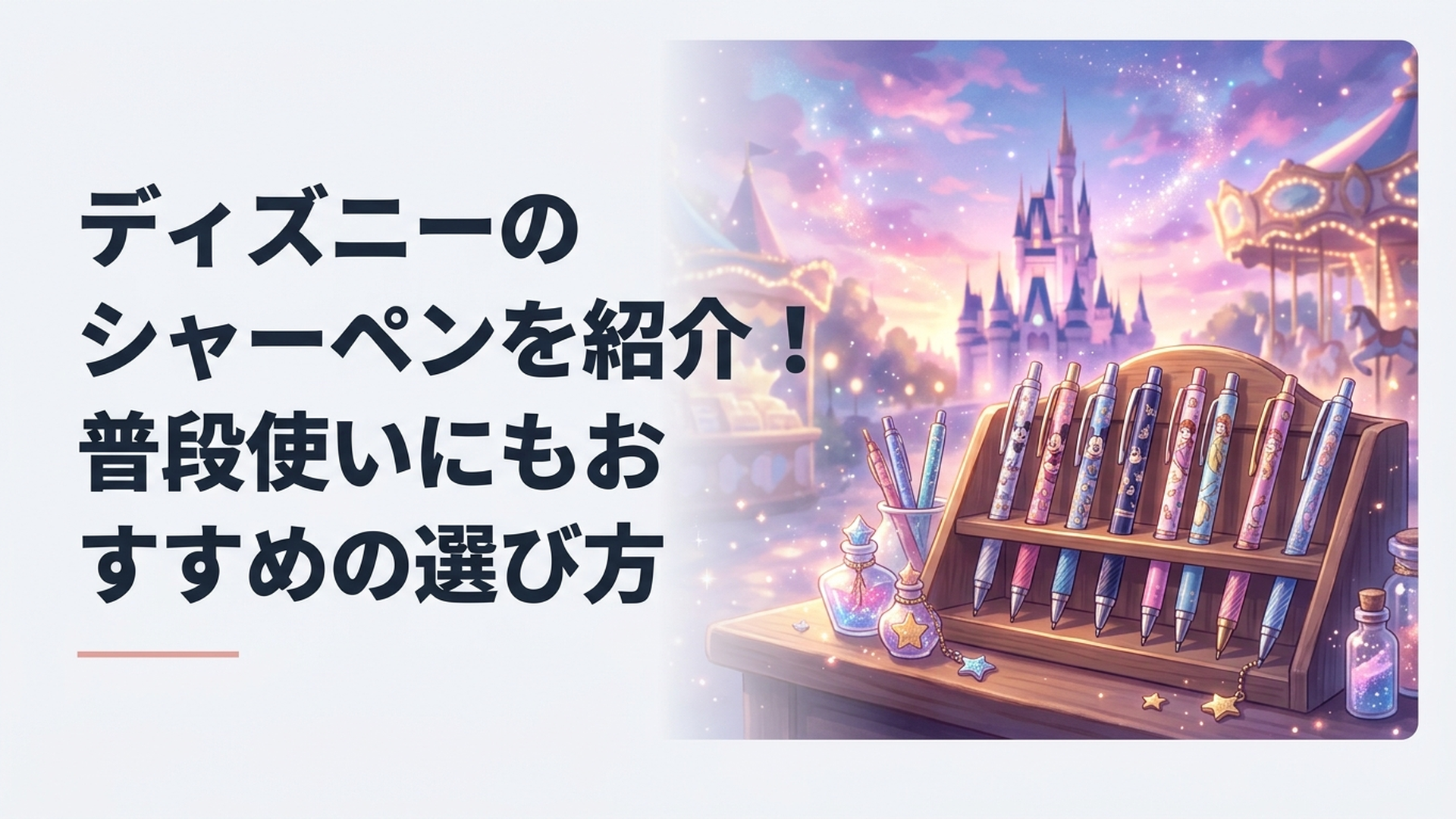 ミッキーやプリンセスなどディズニーキャラクターのシャープペンが並ぶ文房具コーナー