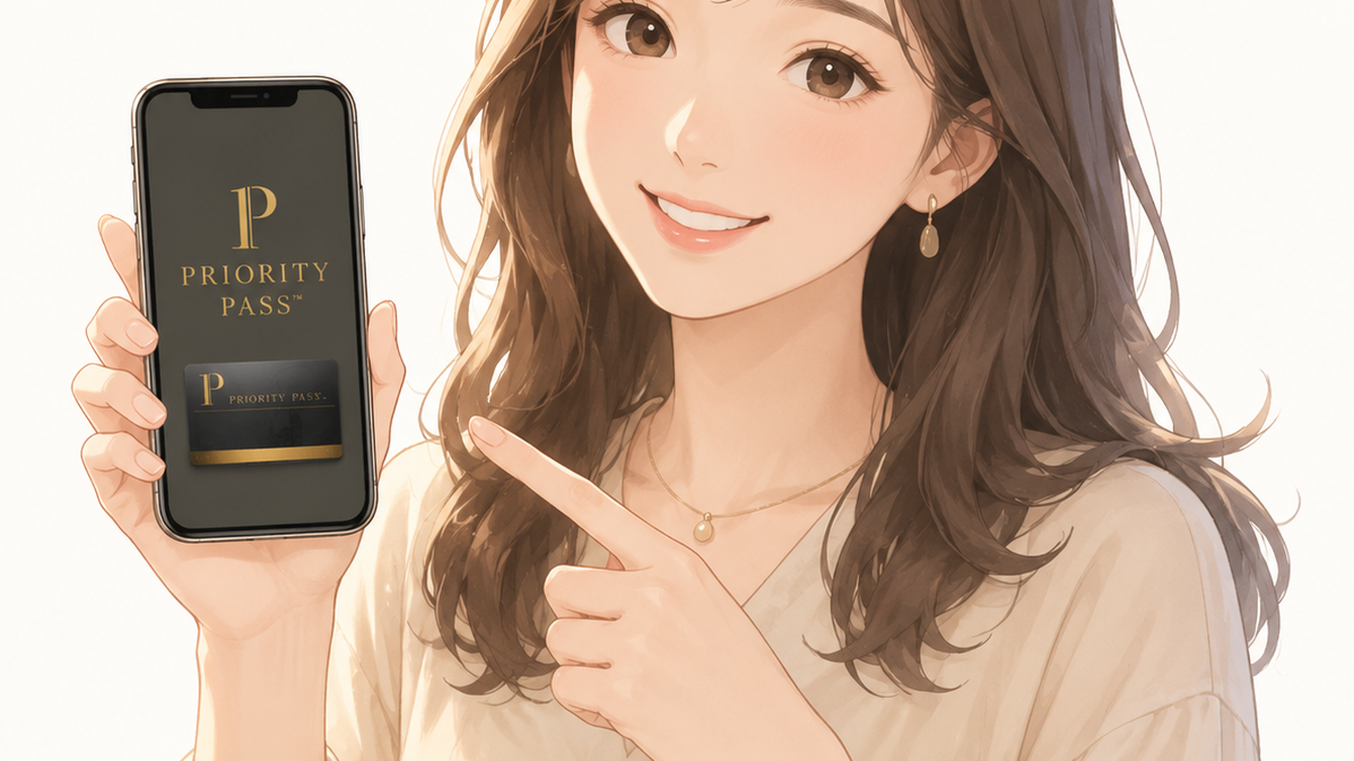 スマートフォンでプライオリティパスの画面を表示する女性