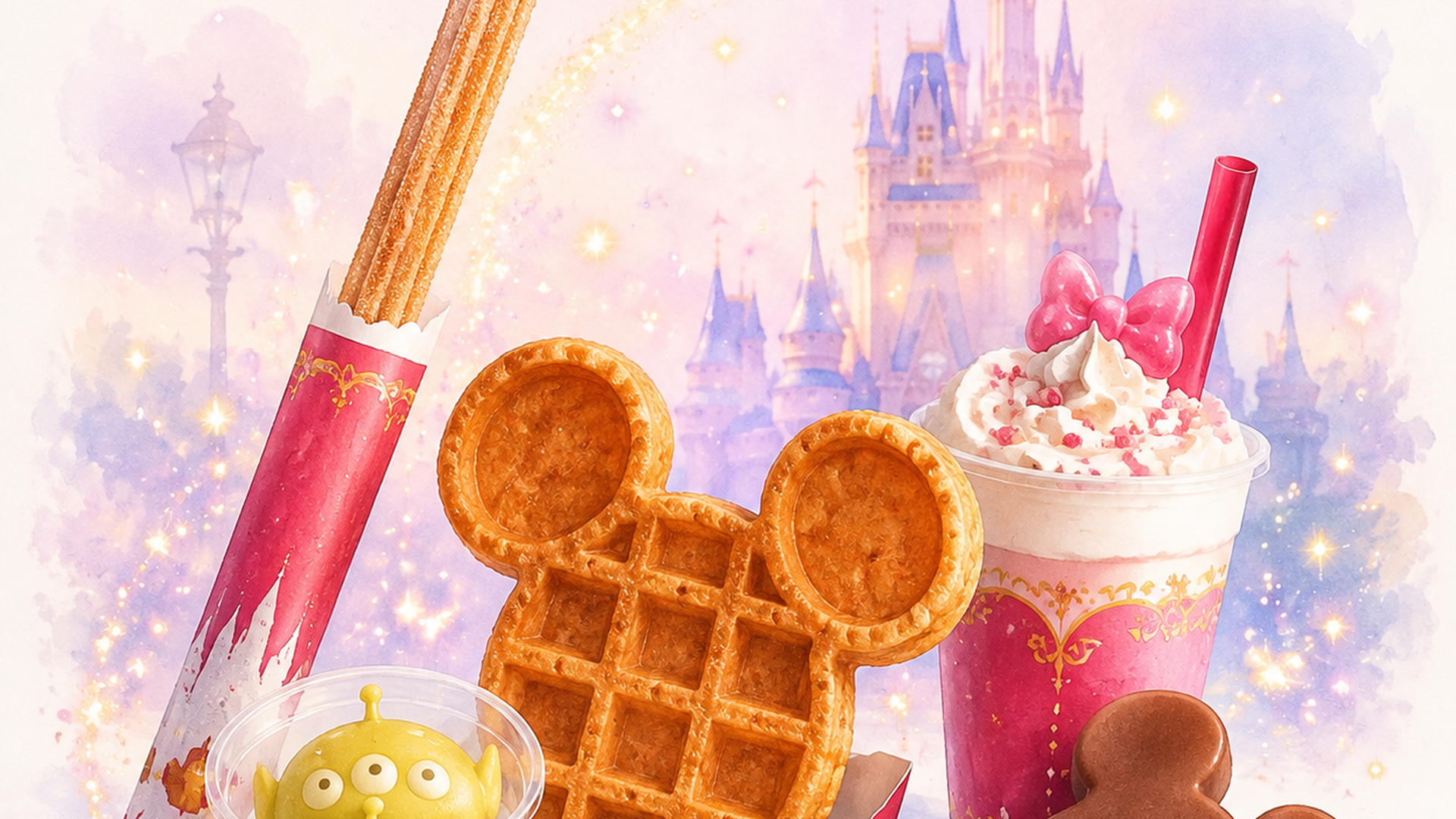 ミッキーチュロスやワッフルなど東京ディズニーランドの食べ歩きフードを楽しむイメージ