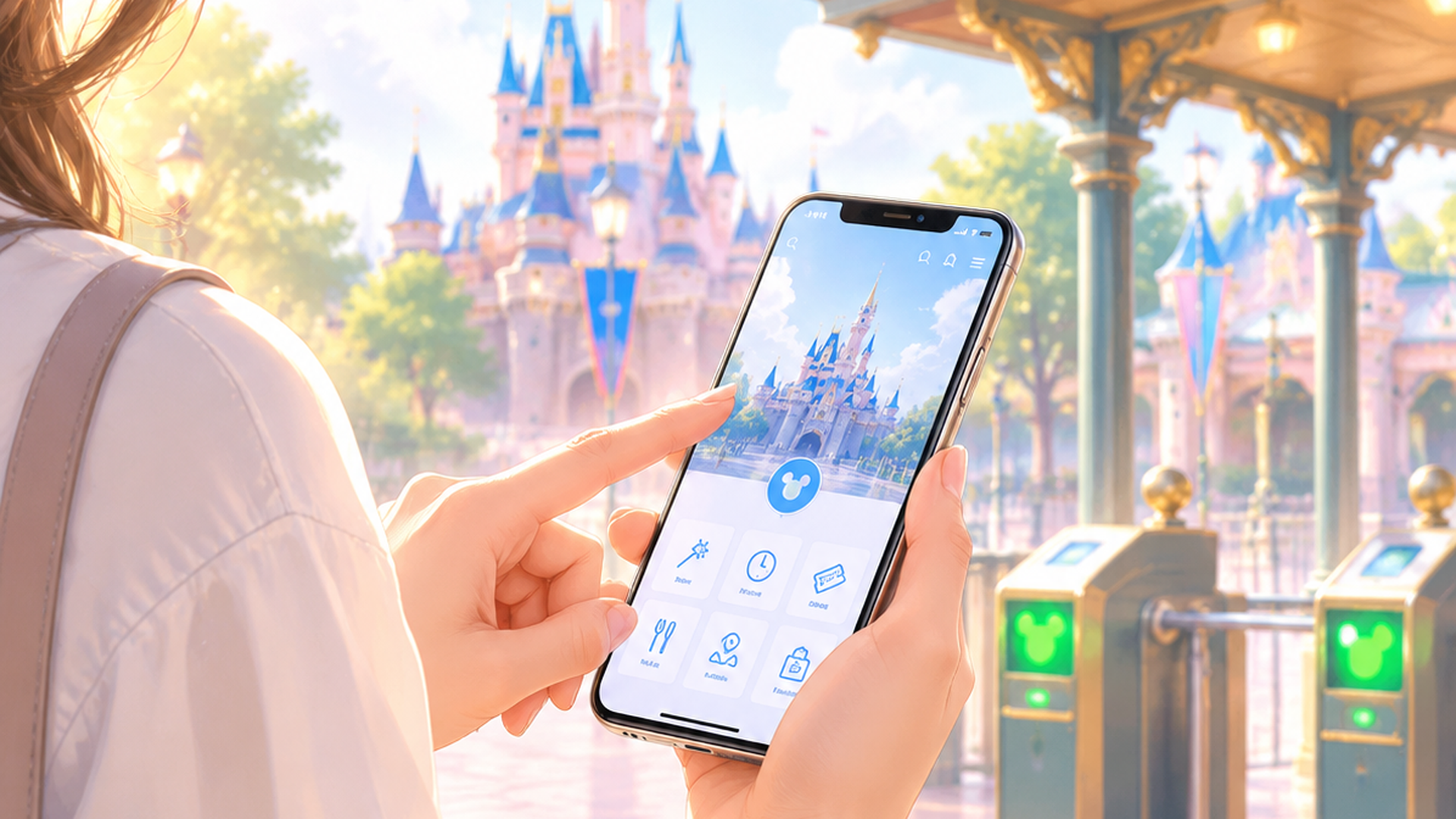 パーク入園口でスマートフォンの公式アプリを操作するゲスト