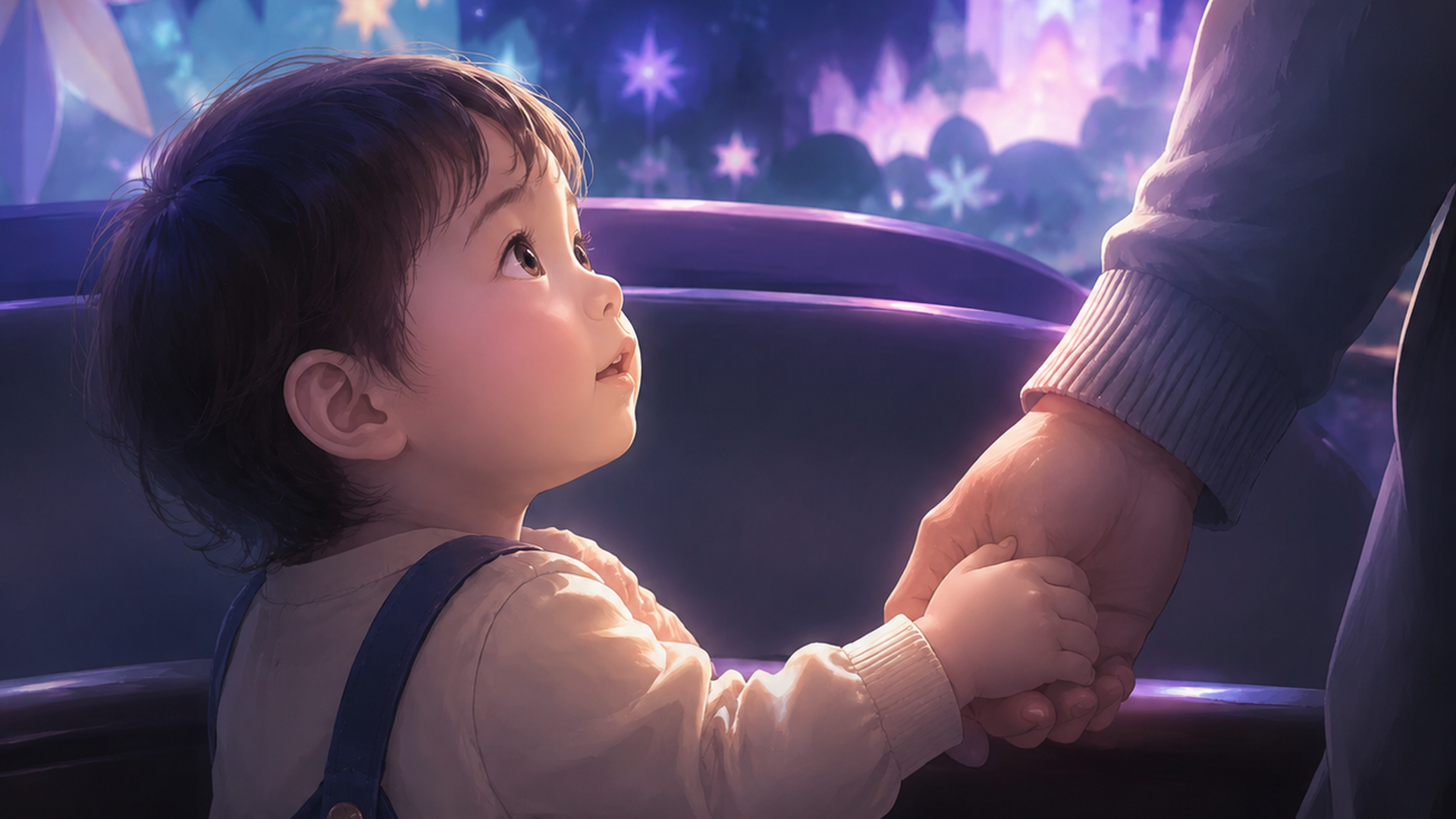 暗いライドの中で保護者の手をしっかり握る幼児