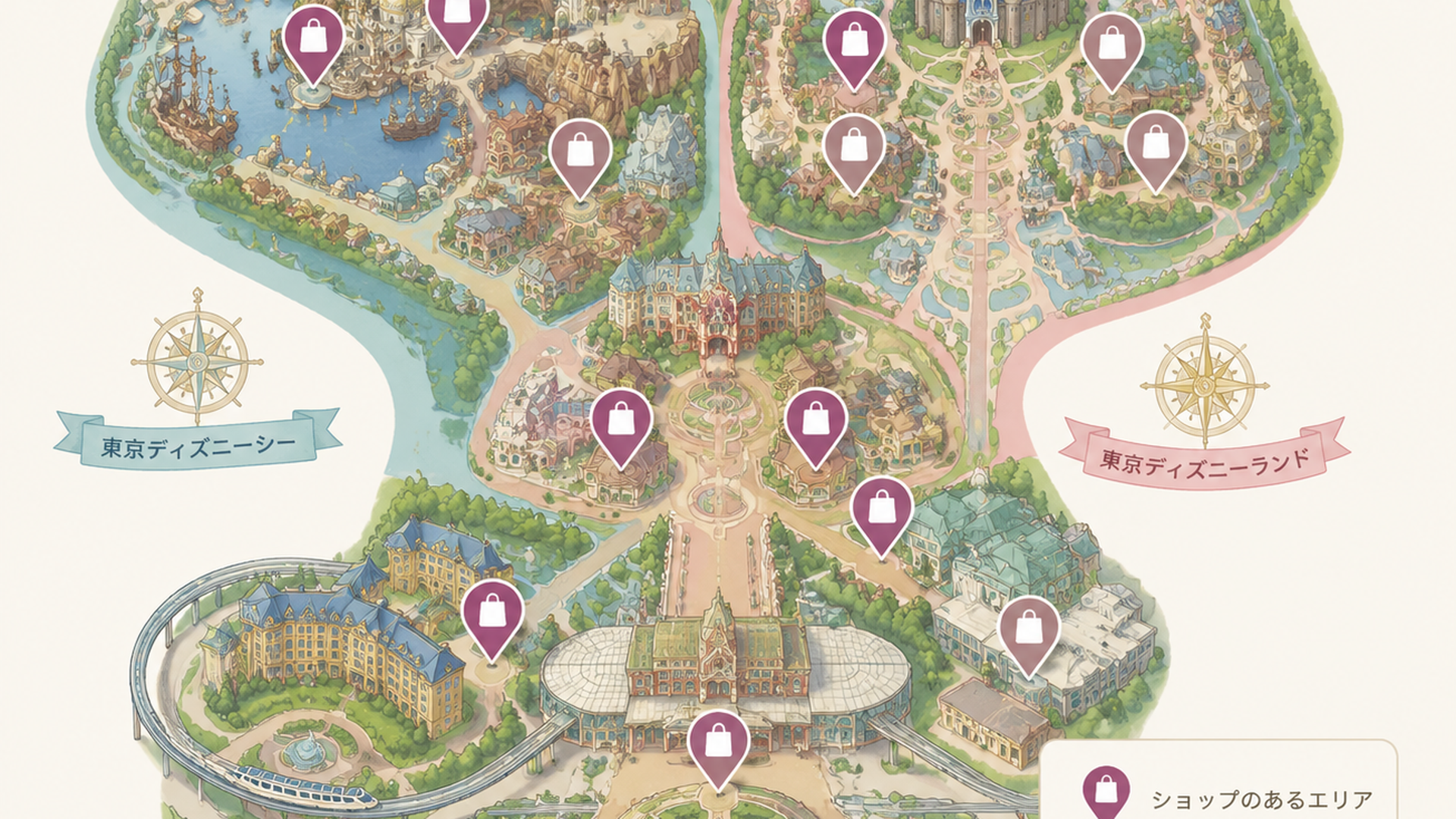 東京ディズニーリゾートのパークマップとショップの位置イメージ